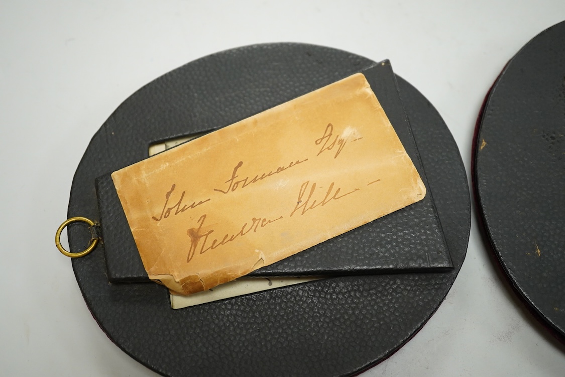 William Egley (1798-1870), Pair of portrait miniatures of a husband and wife, Mr. & Mrs. John Forman, Duncrahill, East Lothian, sittings taken October 1857, picture finished 1868, each with ink inscriptions verso, oval w